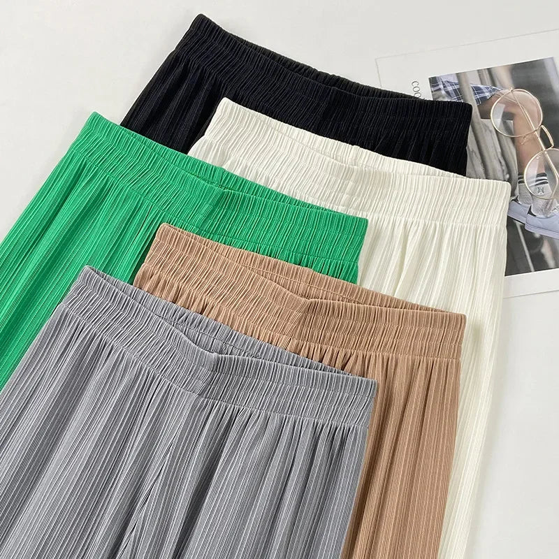 Korea Dongdaemun Ice Silk Wide-leg Pants Women's Thin Slimming Floor Pants White Striped Pants Y2K Fashion Pants Baggy