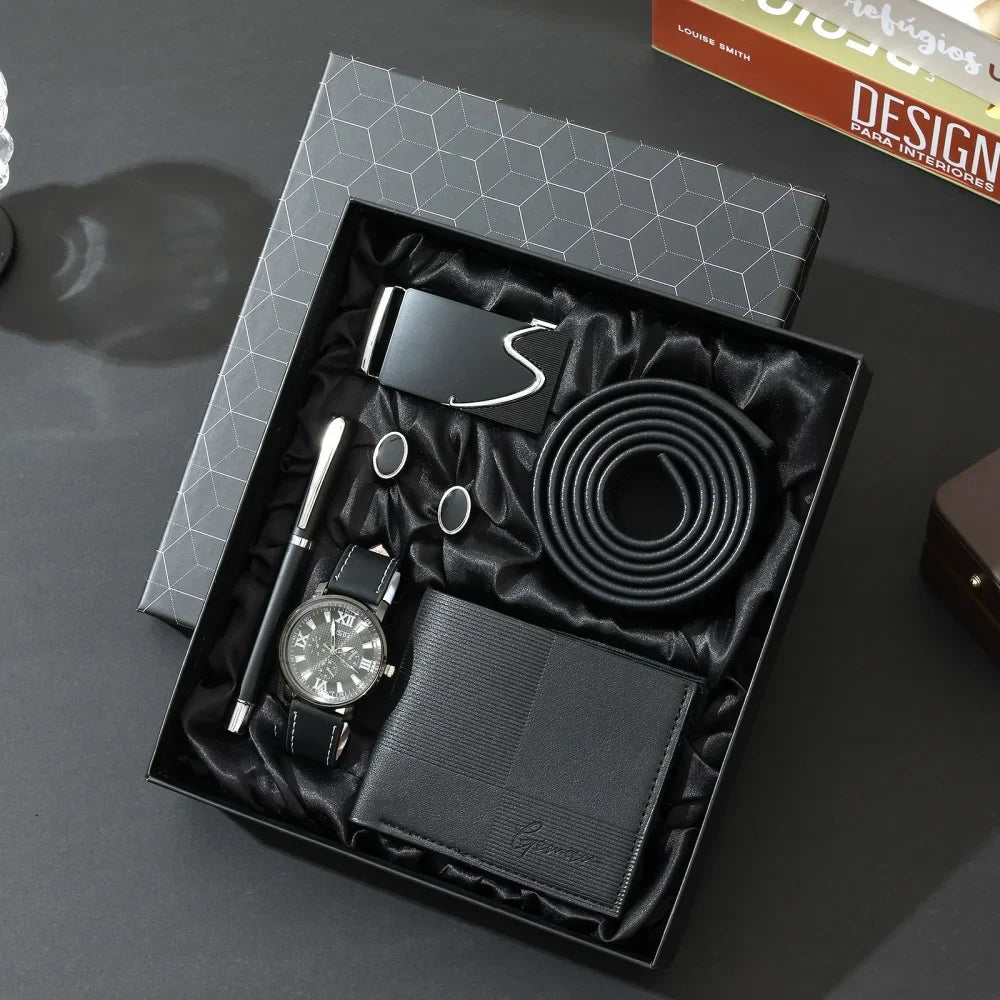 New Luxury Men's Accessory Set Watch Belt Wallet Pen Keychain Bracelet Cufflinks Sunglasses Gift Box for Dad Husband Boyfriend