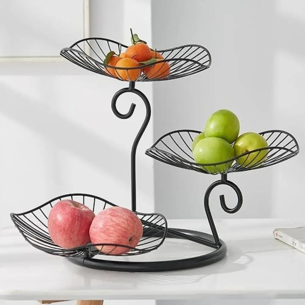 Lotus Leaf Shape 3-Tier Fruit Basket Vintage Space-Saving Multi-Layer Serving Tray with Base Metal Wire Fruit Basket