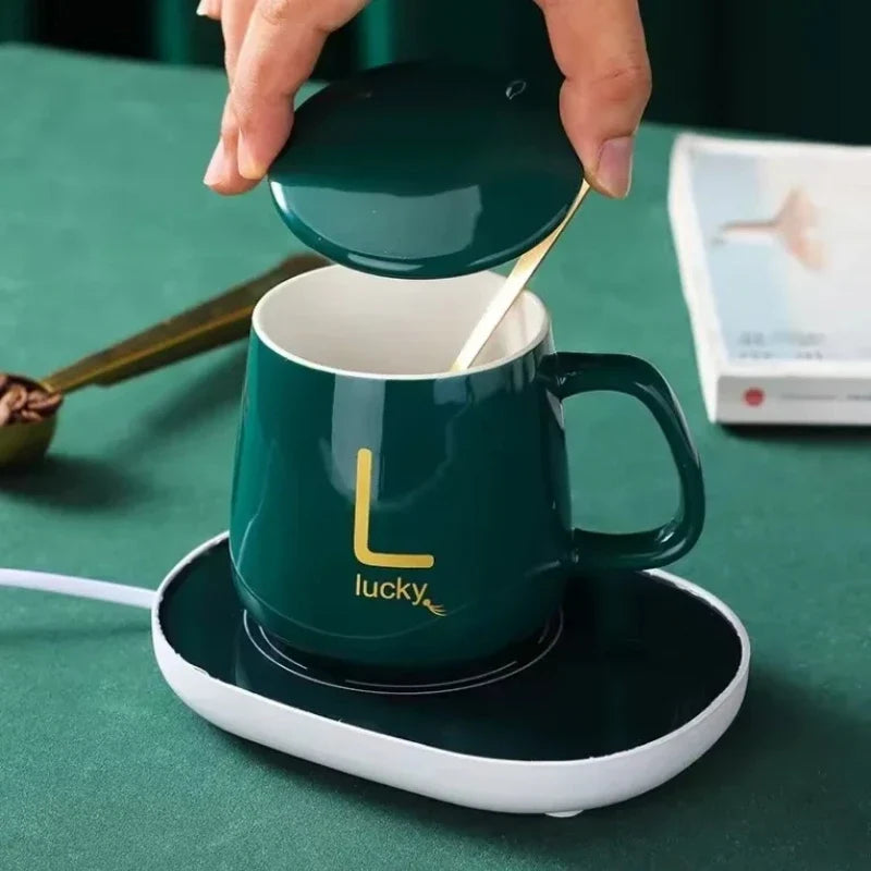 Heated Coffee & Tea Mug Set, Ceramic Thermostatic Cup with Lid & Spoon, Fashionable Lucky Cup, Valentine’s Day Gift