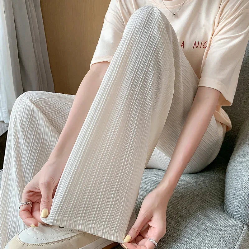 Korea Dongdaemun Ice Silk Wide-leg Pants Women's Thin Slimming Floor Pants White Striped Pants Y2K Fashion Pants Baggy