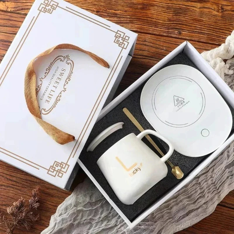 Heated Coffee & Tea Mug Set, Ceramic Thermostatic Cup with Lid & Spoon, Fashionable Lucky Cup, Valentine’s Day Gift
