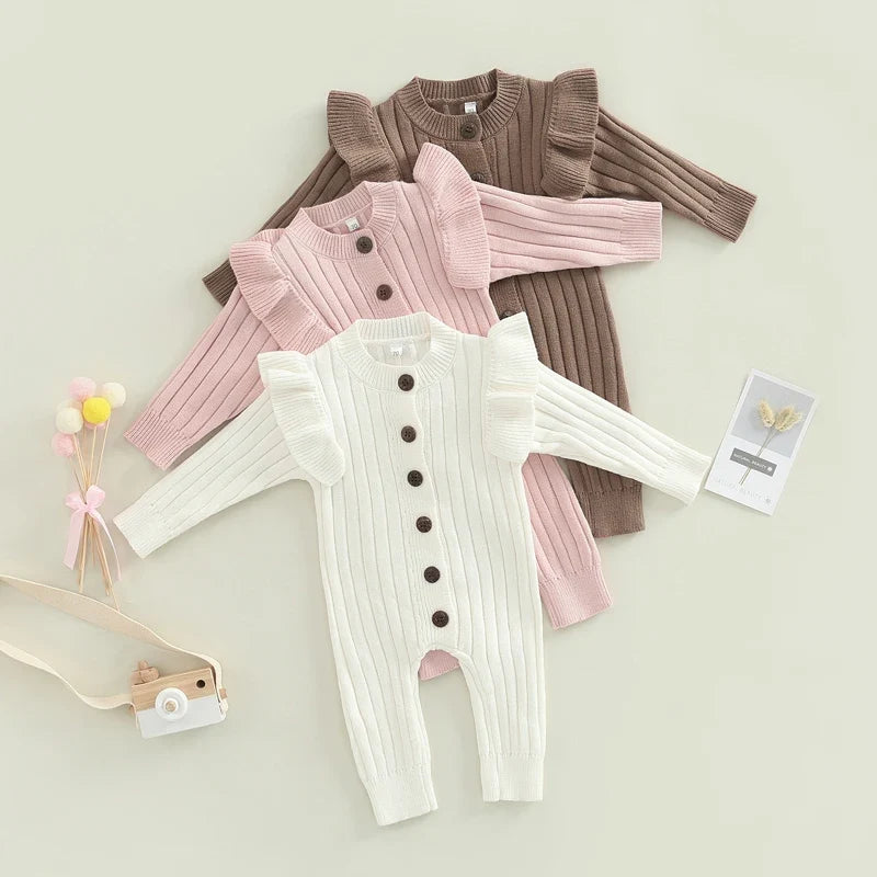 New  Winter Baby Girl’s Knitted Long Sleeve Sweater Jumpsuit Fashion Solid Color Round Neck Ruffles Button Warm Romper Outfits (Available)