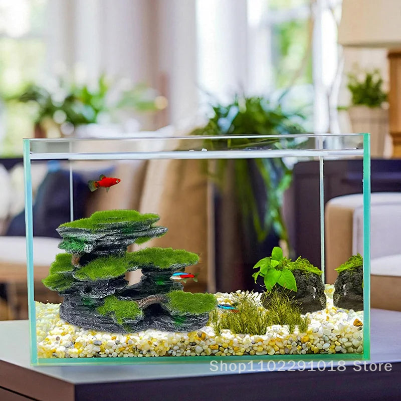 Aquarium Mountain View Stone,Aquarium View Stone, Mossed Aquarium Hideout, Submersible Resin Aquarium Decorations Large