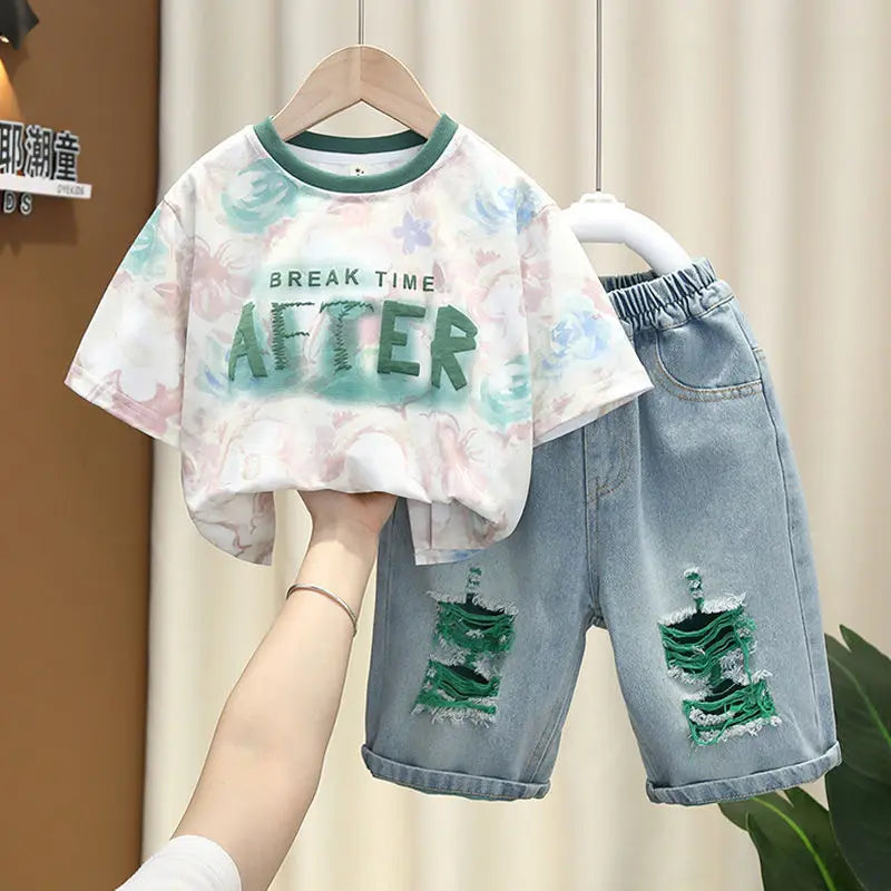 Children Clothing Korean Cotton Short Sleeve Print Shirt+Shorts Set for Toddler Boy Baby Summer Thin Casual Fashion Outfit