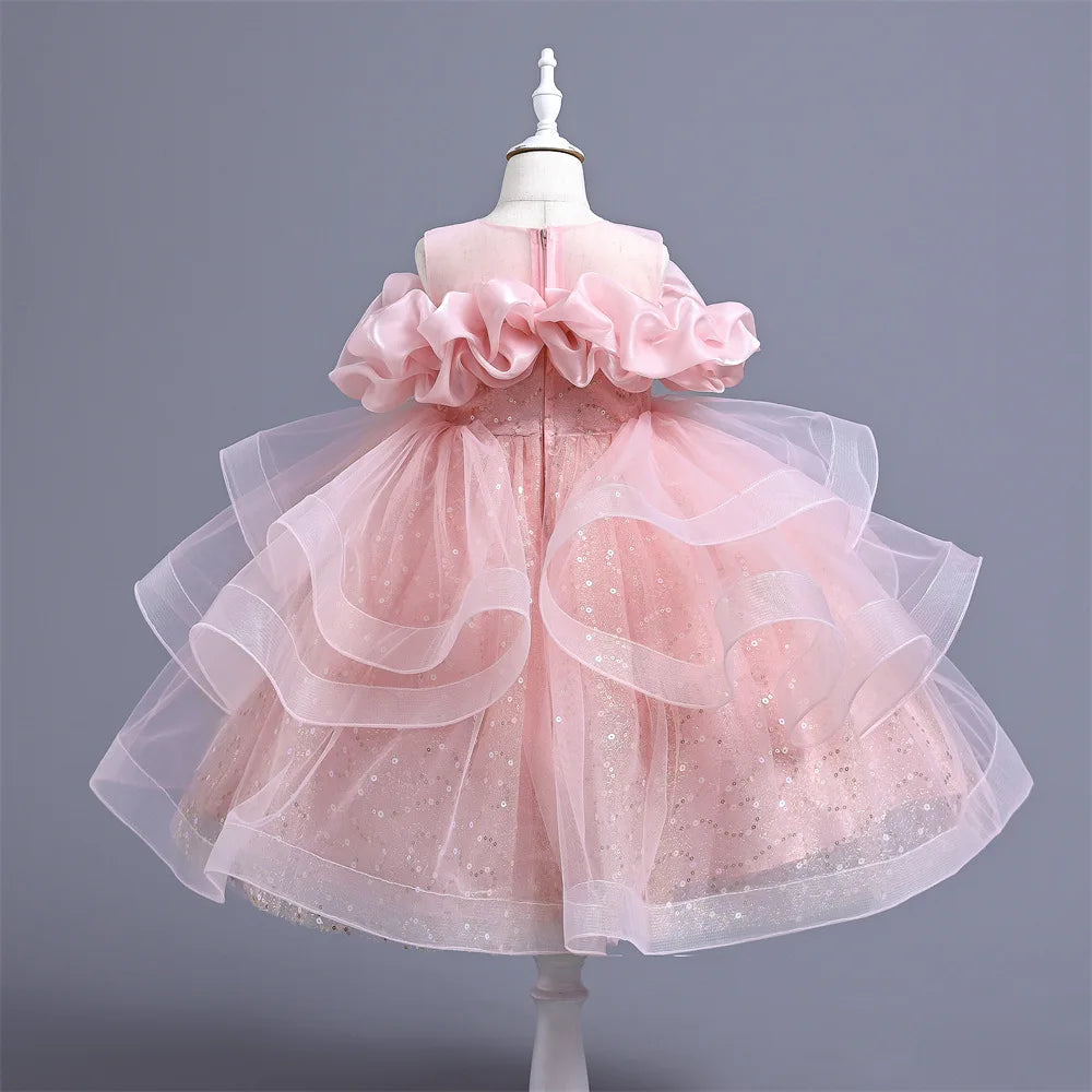 New Girl's Wedding Evening Dress Petal Sequin Mesh Sleeveless Dress Birthday Party School Graduation Party Dress