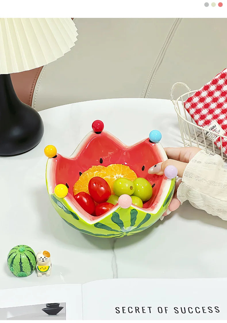 Watermelon Fruit Plate Creative Ceramic Fruit Fork Set Large Capacity Living Room Coffee Table Fruit Bowl Plate Cute  Ornaments
