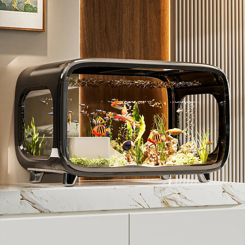 Creative Transparent Covered Aquarium Desktop Ecological Goldfish Tank Living Room Decorative Landscape Viewing Turtle Tank