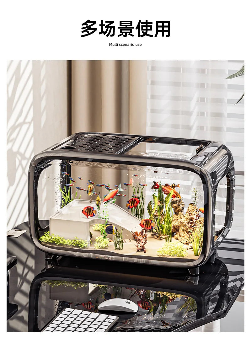 Creative Transparent Covered Aquarium Desktop Ecological Goldfish Tank Living Room Decorative Landscape Viewing Turtle Tank