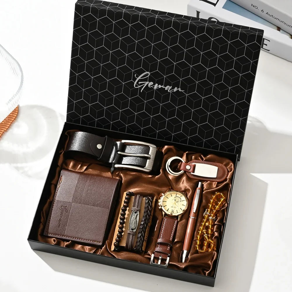 New Luxury Men's Accessory Set Watch Belt Wallet Pen Keychain Bracelet Cufflinks Sunglasses Gift Box for Dad Husband Boyfriend