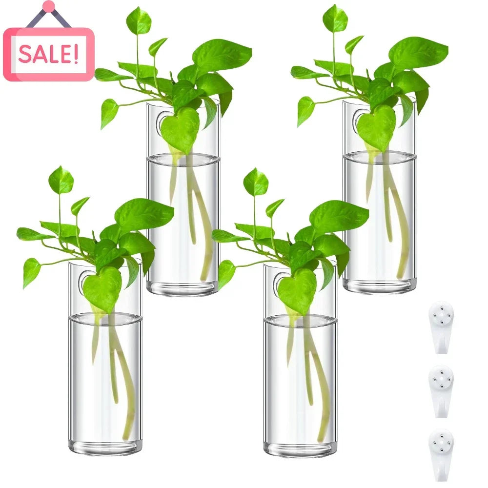 Glass Wall Vase Hanging Hydroponic Planter Wall-Mounted Flower Vases for Home Office Decor with Traceless Hook
