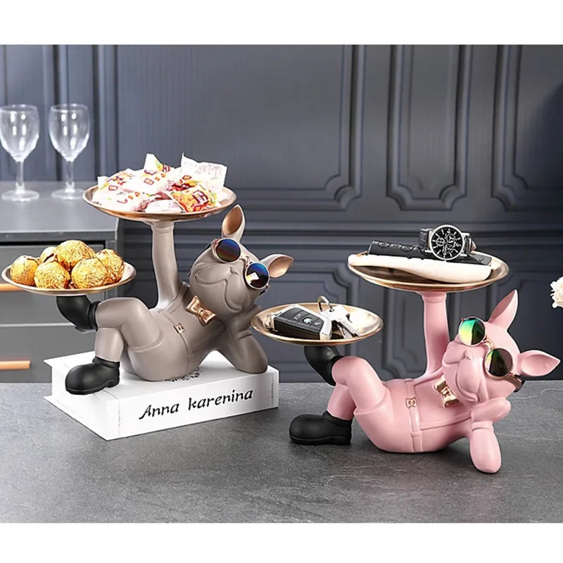 French Bulldog Resin Storage Ornament Two Metal Tray Dog Statue Living Room Room Decoration Home Butler Statue Decoration Gift