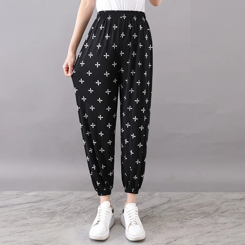Summer Ladies Ice Silk Loose Casual Home Pants Elastic plus Size Mom Square Sports High Waist Straight Leg Length Nine Points
