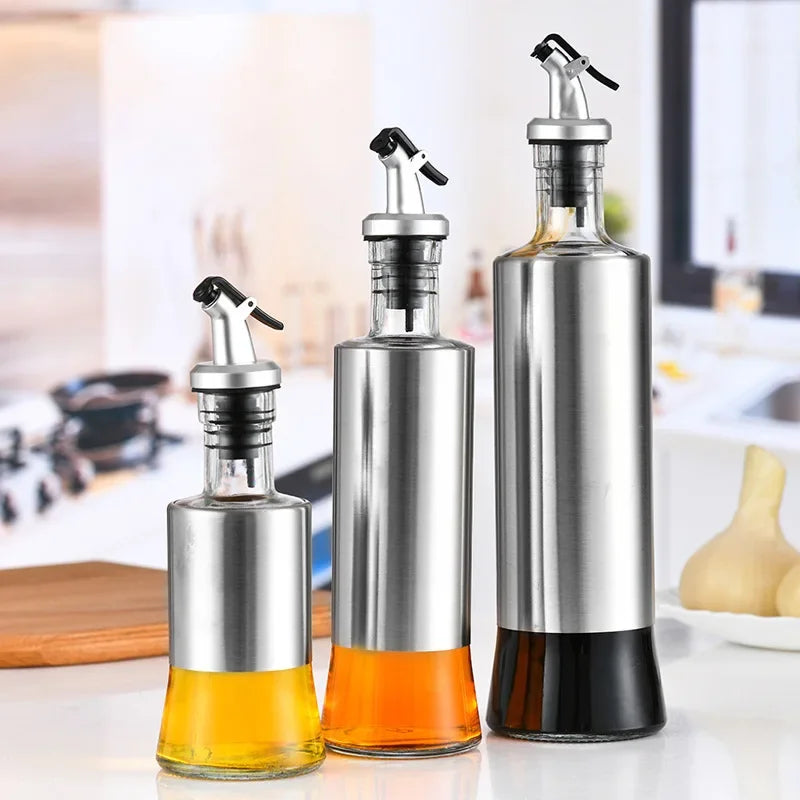 Stainless Steel Oil Bottle No-drip Bottles Soy Cruet Sauce Vinegar Condiment Dispenser Sturdy Seasoning Jars Kitchen Accessories