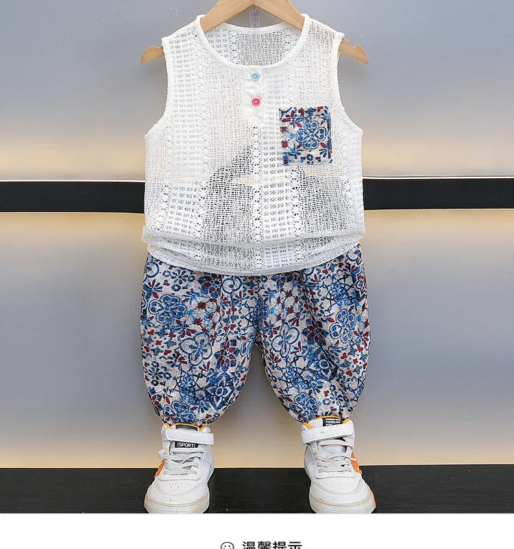 Boys Summer Hollow out Vest Set Breathable Me Svel Long Pants Two Piece Suit Teen Casual Sportswear Cotton Blend orts