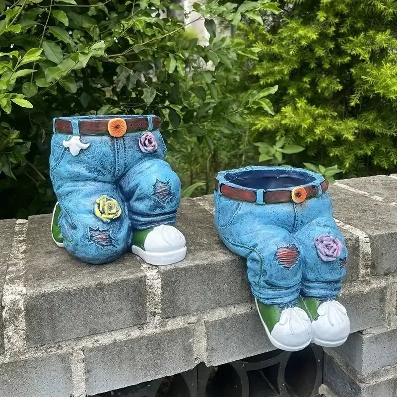 Jeans Pants Shape Flower Pot Resin Statue, Succulent Pot Flower Planter For Indoor Garden Yard Lawn Porch Patio Outdoor