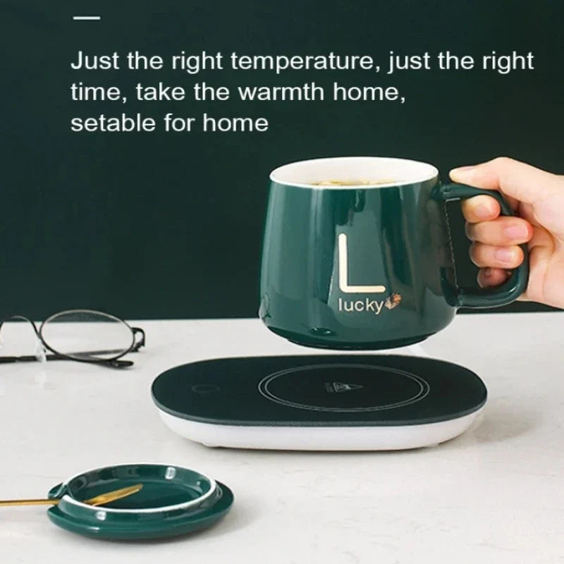 Heated Coffee & Tea Mug Set, Ceramic Thermostatic Cup with Lid & Spoon, Fashionable Lucky Cup, Valentine’s Day Gift