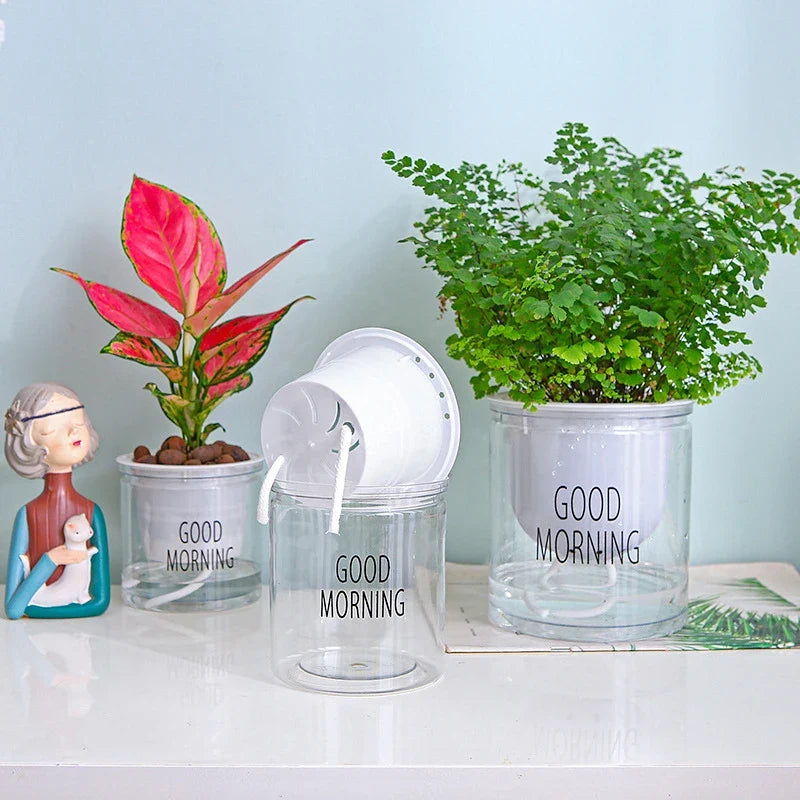 Flower Pot Automatic Water-Absorbing Flowerpot Transparent Double Layer Plastic Self Watering Planter Office