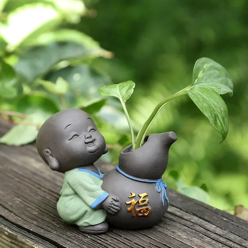 Fortune Lucky Cute The Little Monk Purple Clay Tea Pet Home Decor Mini Water Planting Flower Vase