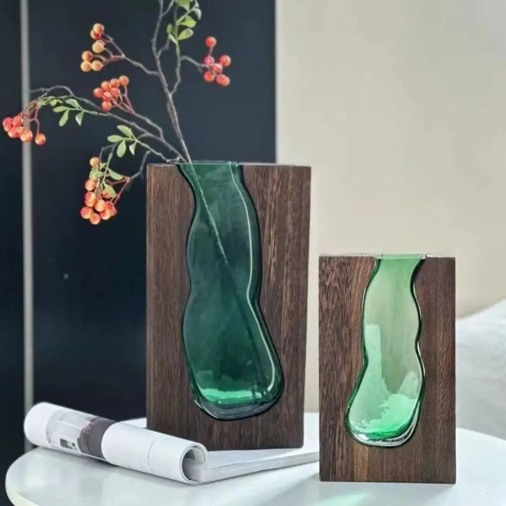 Desktop Ornament Wooden Glass Vase Transparent Modern Hydroponic Flower Holder Removable Creative Flower Pot Home