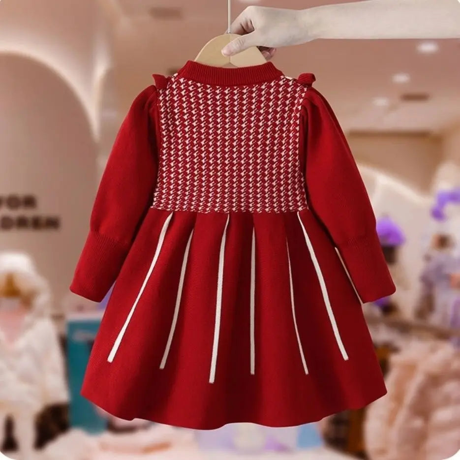 Girls' Dress Winter New Style Western Dress Children's Autumn and Winter Princess Dress Baby New Year Red Knitted Dress (Available)