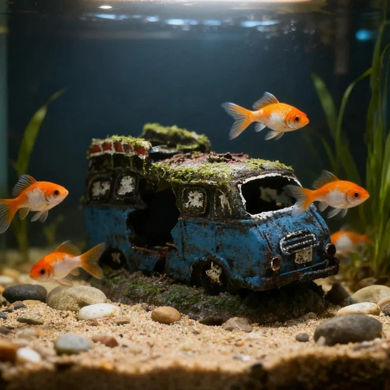 Aquarium Ornament Shaped Like Car Wreckage, Featuring Hiding Holes For Fish And Shrimp, Aquarium Decorations, And Aquascaping.