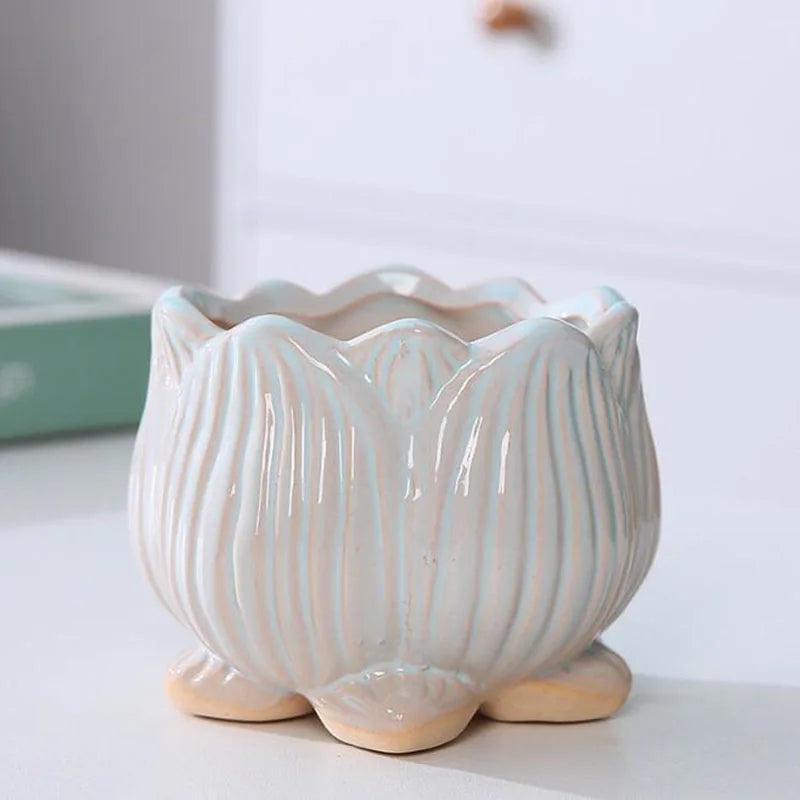 Ceramic Lotus Design Succulent Plant Pot Flower Pot Bonsai Vase with A Hole Lotus Planter Container Garden Home Decor
