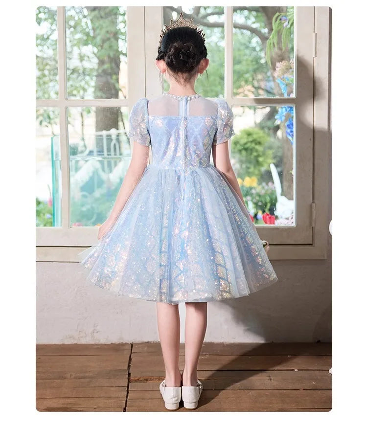 Party Dress Blue Girls Puffy Princess Dresses New Kids Gown Birthday Host Piano Recital Outfit Pageant Performance Formal Wear