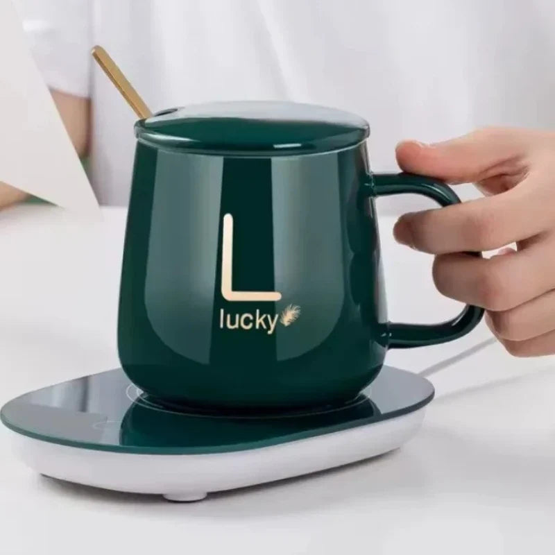 Heated Coffee & Tea Mug Set, Ceramic Thermostatic Cup with Lid & Spoon, Fashionable Lucky Cup, Valentine’s Day Gift