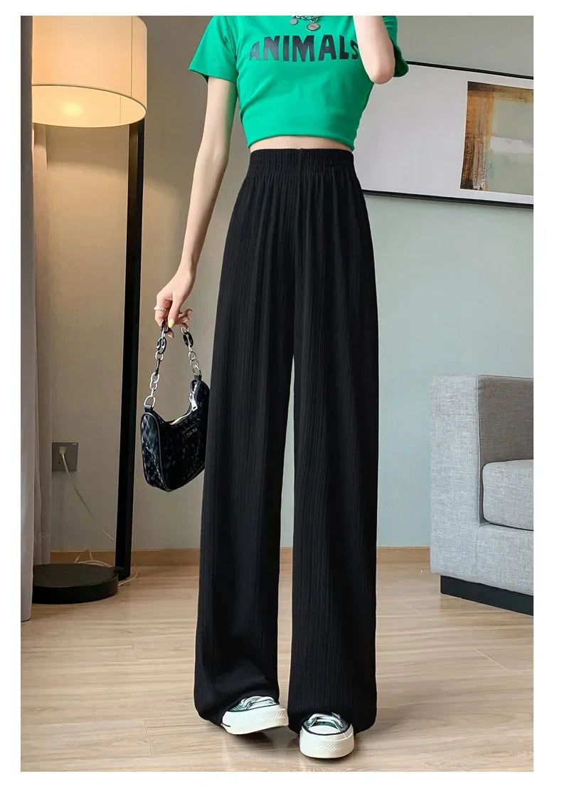 Korea Dongdaemun Ice Silk Wide-leg Pants Women's Thin Slimming Floor Pants White Striped Pants Y2K Fashion Pants Baggy