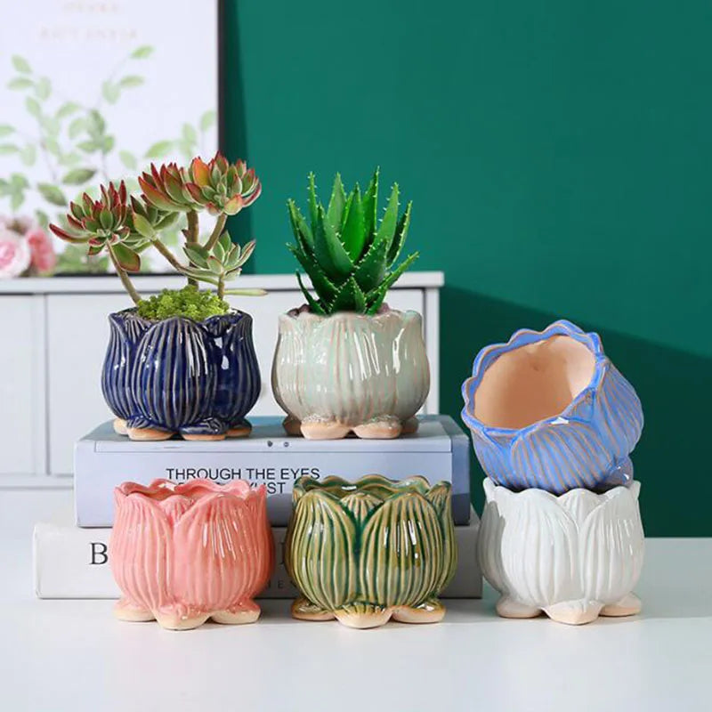 Ceramic Lotus Design Succulent Plant Pot Flower Pot Bonsai Vase with A Hole Lotus Planter Container Garden Home Decor