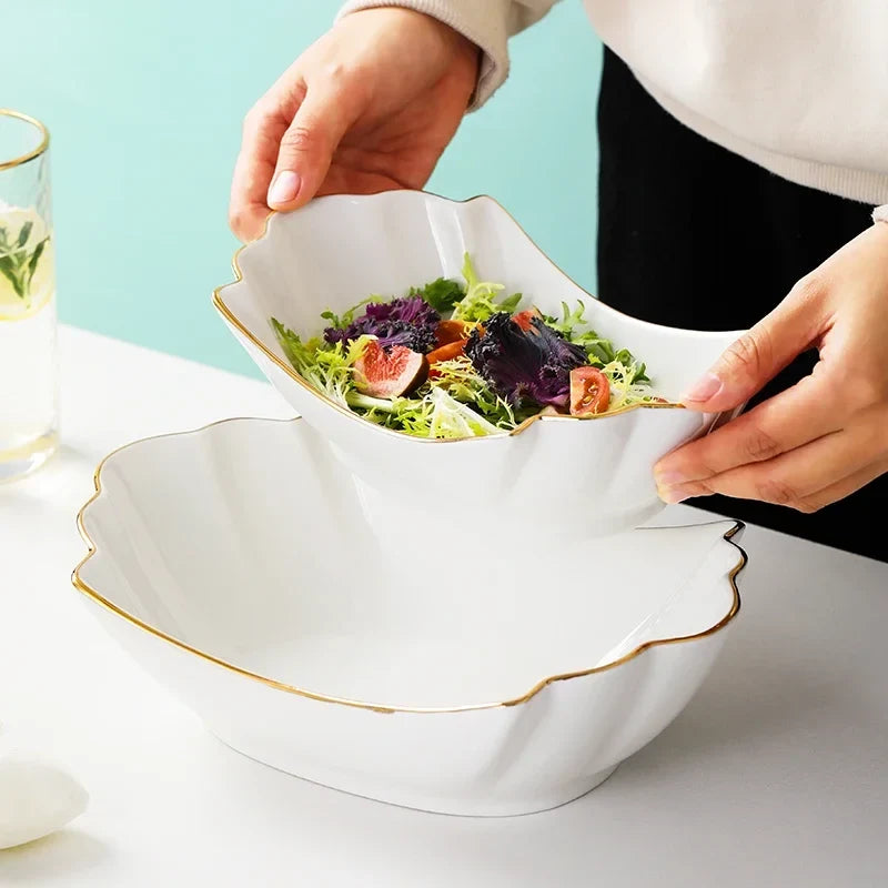 European tracing gold Ceramic Household Soup Bowl shaped Pasta Bowls Fruit Salad Bowl Cold Dish Bowls Hotel restaurant cutlery