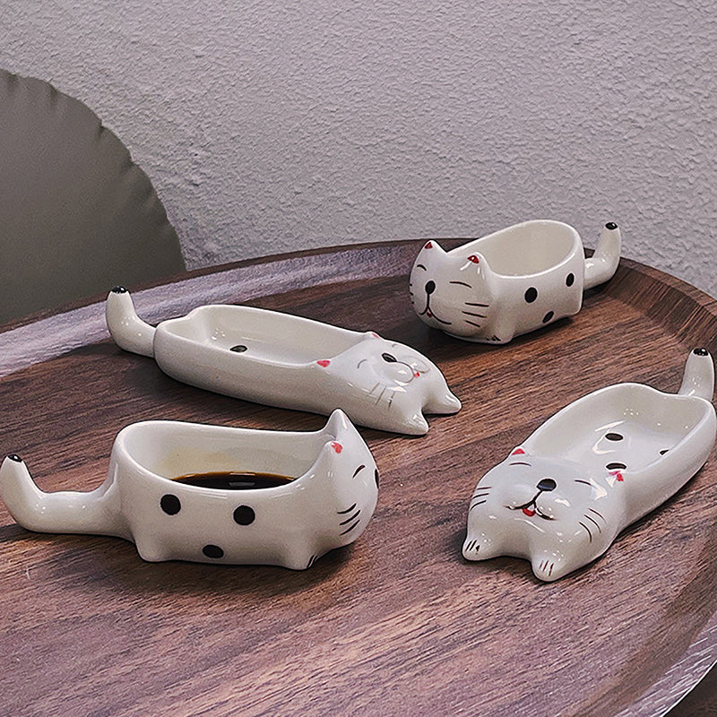 Cute Cat Ceramic Small Dish Mini Mustard Pesto Tomato Ketchup Soy Sauce Dish Seasoning Plates With Handle For Home Restaurant