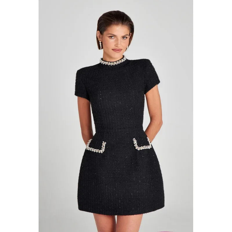 Elegant Female Patchwork Party Dress  Sexy Women Evening Dress Autumn Lady Suit Collar Short Sleeve Slim Dress