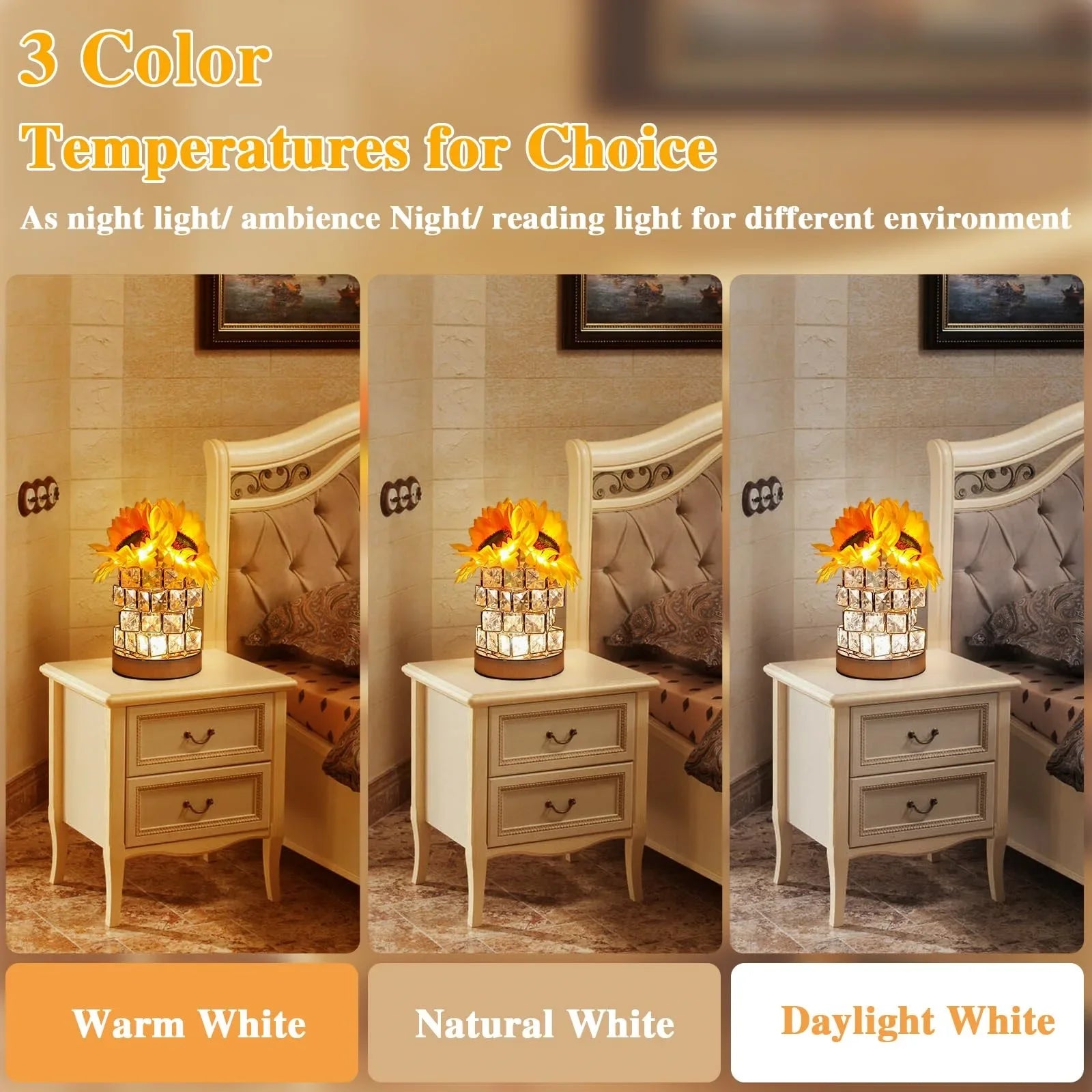Sunflowers Flower Lamp 3 Colour Dimming Small Night Light,Cordless Table Lamp Home Office Decor Birthday Gifts for Women Mom