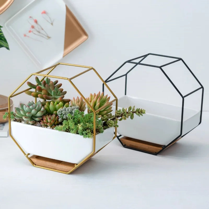 Nordic Creative Ironwork Ceramic Flowerpot Simple Geometric Metal Stand Set Succulent Plant Green Plant Potted Decoration