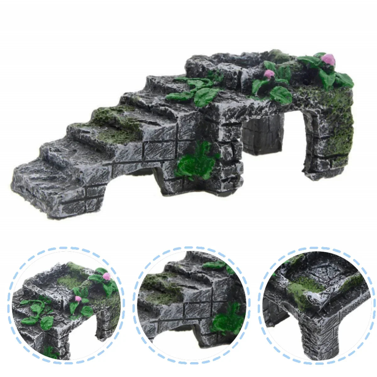 Ancient Ruins Aquarium Ornament, Resin Fish Tank Decoration with Stairs & Plants, Reptile Hideout Cave for Lizards, Turtles