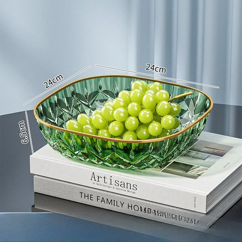 New Household Fruit Bowl Salad Dessert Biscuit Plate Plastic Square Transparent Tray Golden Edge Snack Plates Tableware LIJIAO