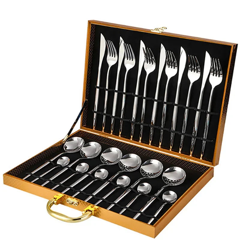 24PCS Cutlery Set Stainless Knife Fork Spoon Flatware Tableware Set Gold Gift Box Portable Dinnerware Dishwasher Kitchenware