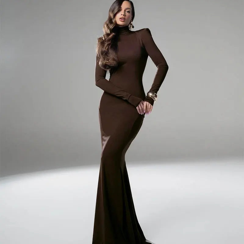 Women's Dresses Autumn Winter New Sexy Solid Backless Elegant Dress Streetwear Fashion Casual Slim Turtleneck Long Sleeves Dress