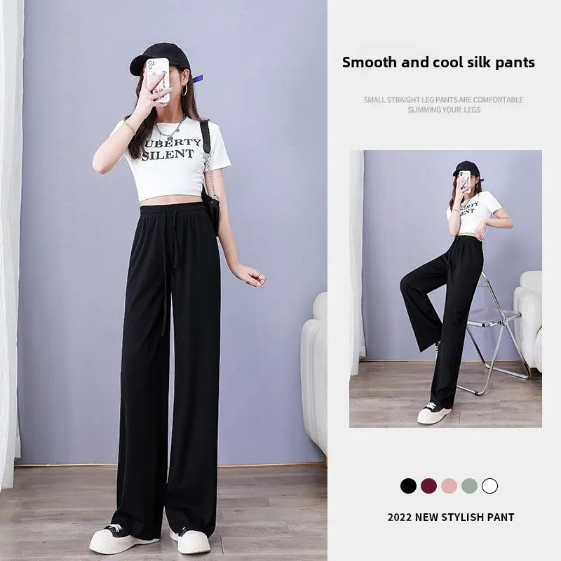 Ice Silk Wide Leg Pants Women's Summer  New High Waist Drape Loose Slimming Straight Bla Floor-Length Casual Trousers