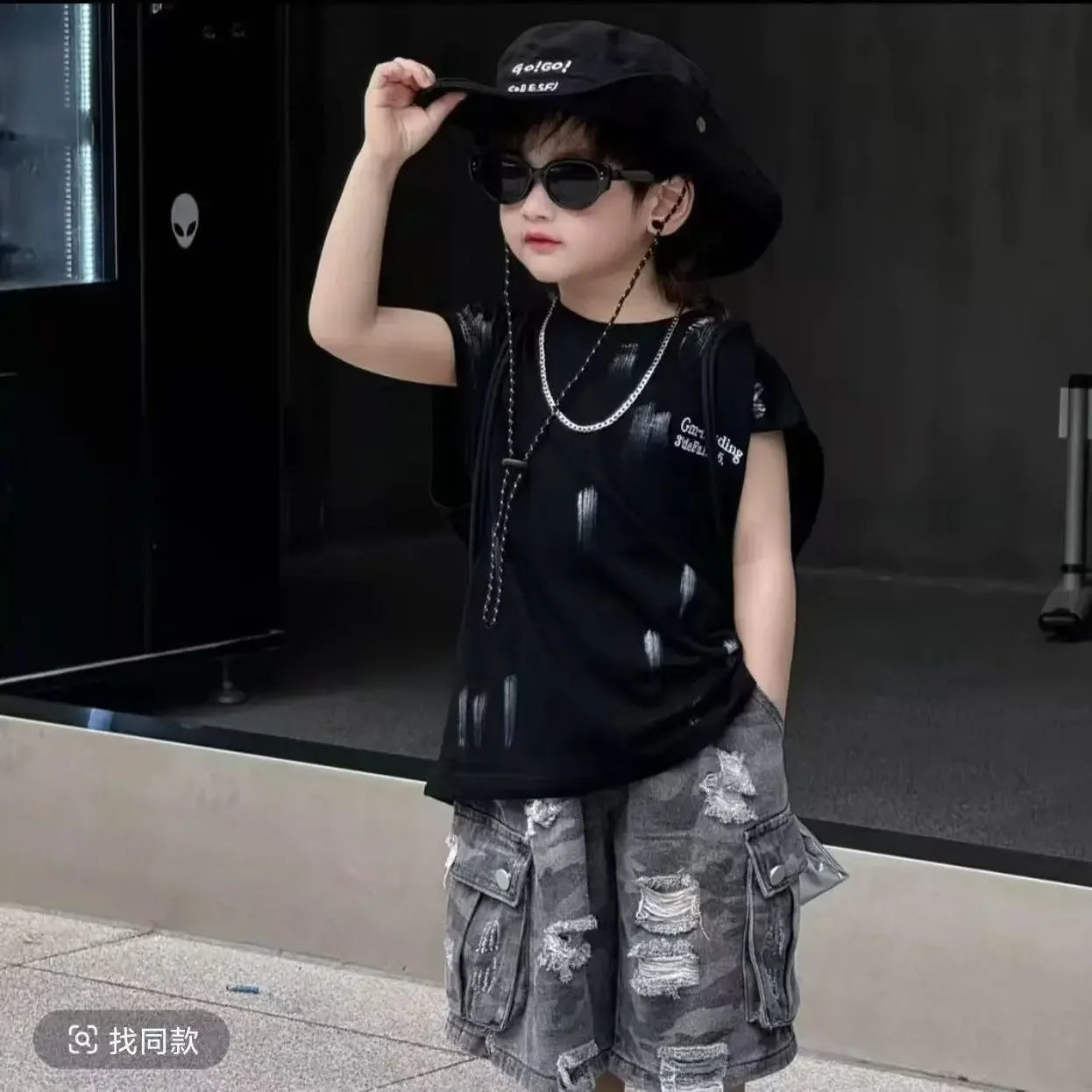 Summer Boys Loose Sleeveless Printed T-Shirt Tops + Hole Shorts  Set Child Outfit Handsome Kids Clothes Boys 2-10Y Vest Suit