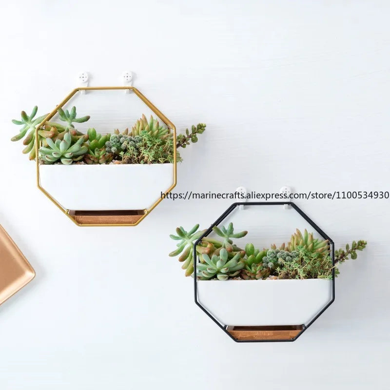 Nordic Creative Ironwork Ceramic Flowerpot Simple Geometric Metal Stand Set Succulent Plant Green Plant Potted Decoration