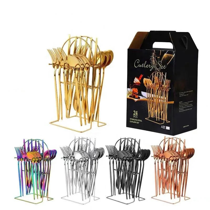 24pcs Knife Fork Spoon Dinnerware Set Rose Gold Tableware Stainless Steel Flatware Kitchen Cutlery Set with Luxury Storage Rack