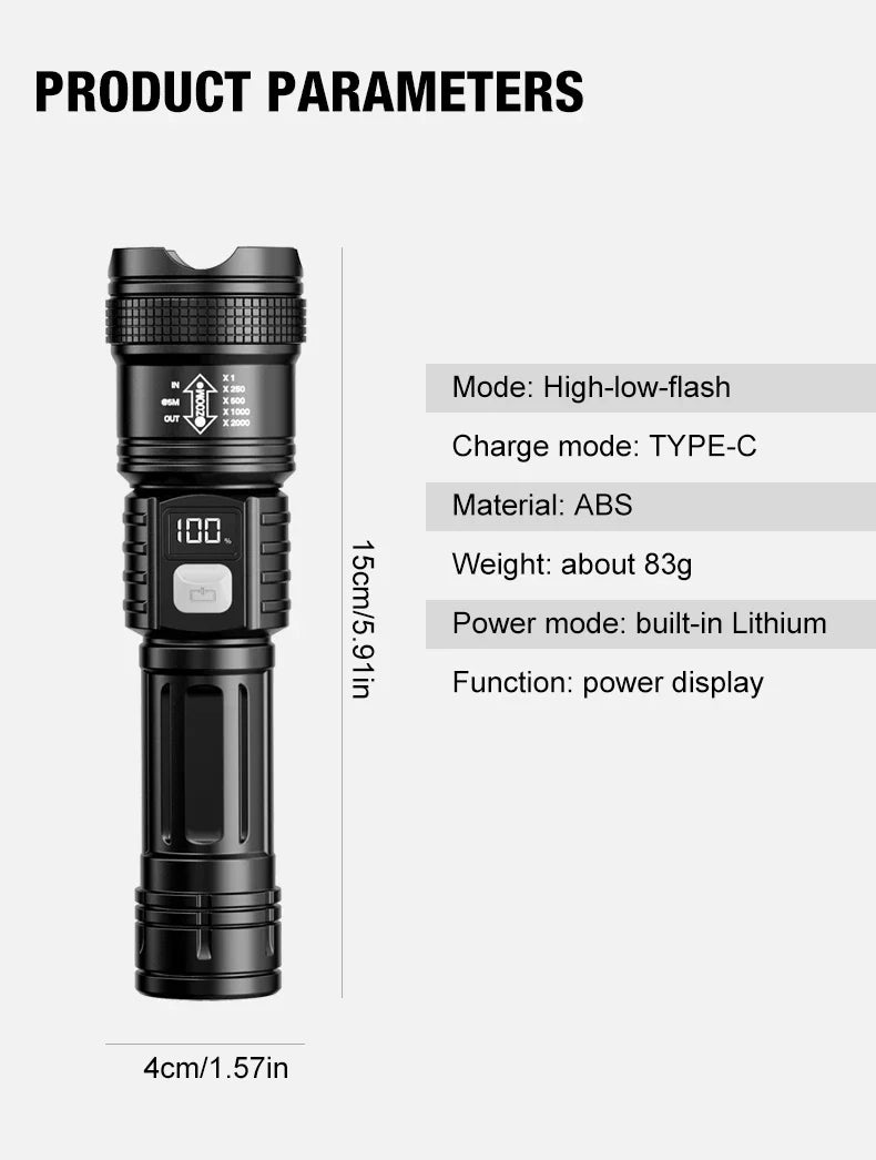 LED Flashlight Rechargeable Long-Beam Portable Outdoor Emergency Lighting With Long Battery Life, Suitable For Camping And Hiki