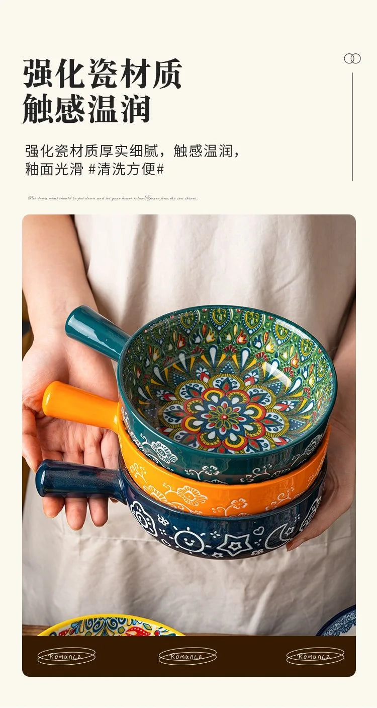 Single Handle Ceramic Noodle Bowl, Bohemian Design, Large Bowl, Creative Restaurant, Household Salad, Dessert Bowl, Home Decorat