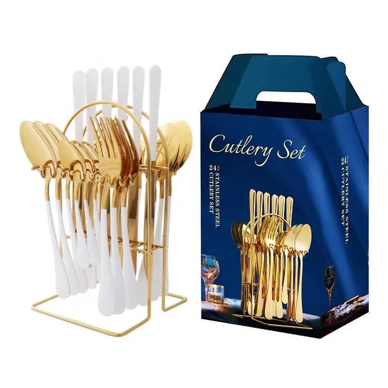 24pcs Knife Fork Spoon Dinnerware Set Rose Gold Tableware Stainless Steel Flatware Kitchen Cutlery Set with Luxury Storage Rack