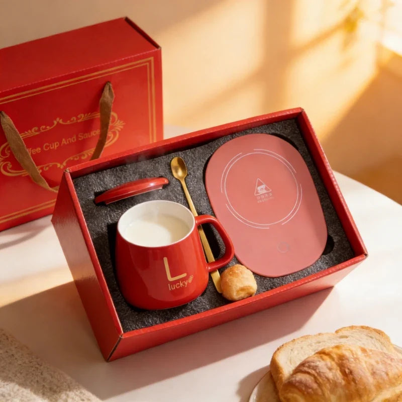 Heated Coffee & Tea Mug Set, Ceramic Thermostatic Cup with Lid & Spoon, Fashionable Lucky Cup, Valentine’s Day Gift