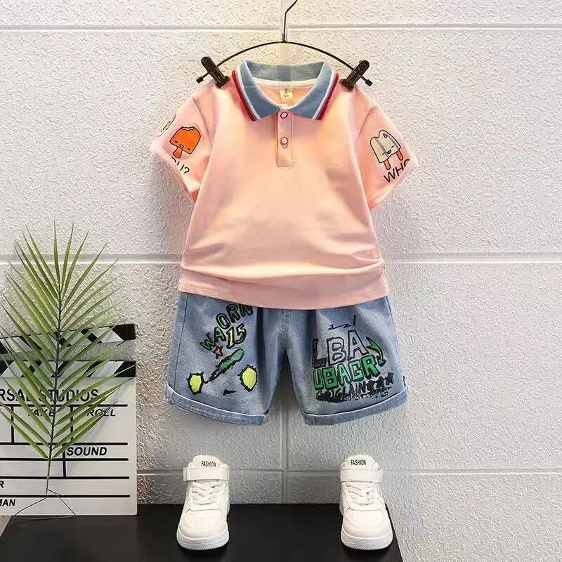 Boys  Summer Outfit T-Shirt and Jeans Korean Polo Fashion  Casual Clothing Korean Reviews Top Toddler Kids Clothes Sets