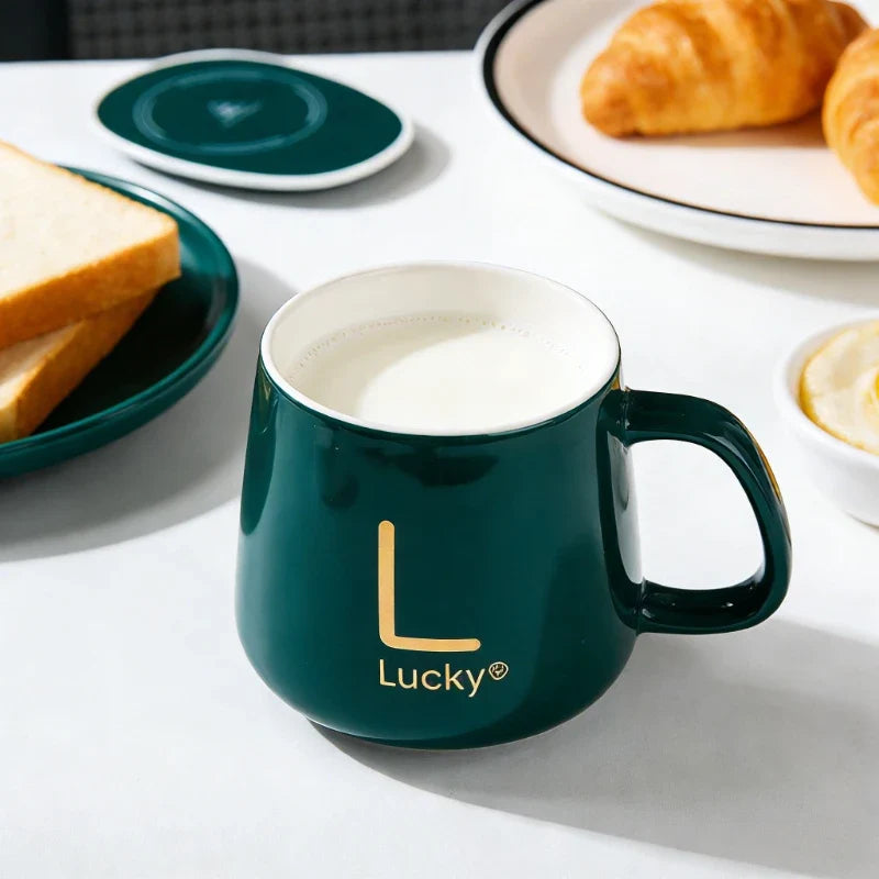 Heated Coffee & Tea Mug Set, Ceramic Thermostatic Cup with Lid & Spoon, Fashionable Lucky Cup, Valentine’s Day Gift